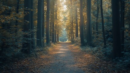 Obraz premium Path through tall trees, sunlight filtering through leaves. Autumnal scene