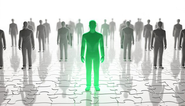 Standing out: A vibrant green figure among a grey crowd on a puzzle grid, representing uniqueness and leadership.