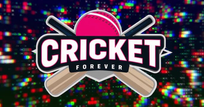 Pixel glitching, starting oscillating ball above cricket bats under CRICKET FOREVER text in loop