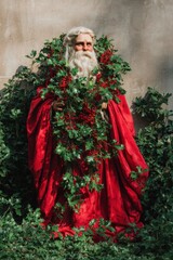 Obraz premium Authentic Santa Claus Figure with Holly Berry and Pine Branches, Premium Christmas and Winter Solstice Decoration for Joyful Holiday Marketing Campaigns