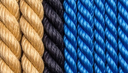 Close-up of three different colored ropes