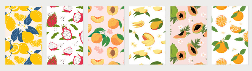A set of colorful fruit patterns for summer design. Hand-drawn vintage seamless pattern with mango, pitaya, peach, lemon, orange, papaya, flowers, and leaves. Fashionable vector background hand-drawn