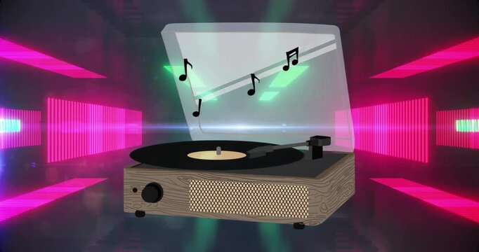 Tonearm lowering onto vinyl record causing notes forming and neon bars pulsing visualizing music