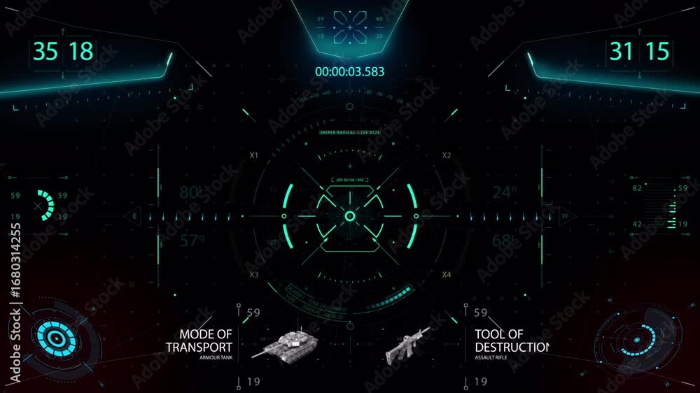 Aufkleber futuristic hud display: armored tank and assault rifle interface with data visualization
