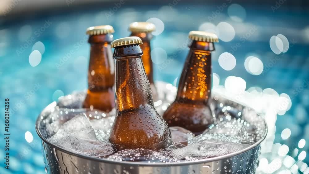 Poster four beer bottles are in a bucket of ice. the bottles are in a pool. scene is relaxed and casual