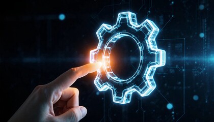 Human hand interacting with glowing blue gear, symbolizing digital technology, system settings, and innovative solutions.