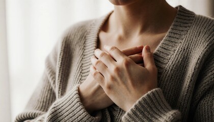 A woman's hands gently clasped over her chest, conveying comfort and self-reflection.