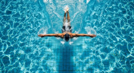 Overhead view of a swimmer performing the butterfly stroke in a clear, blue swimming pool.