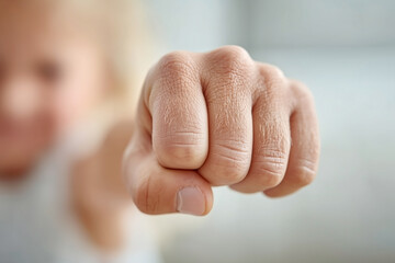 Obraz premium Man's hand is clenched into a fist, with his thumb and pinky finger curled up. Concept of strength and determination, as if the man is ready to take on a challenge or defend himself