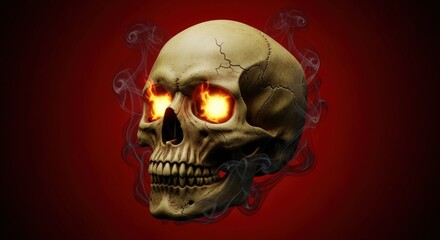 Skull with fiery eyes surrounded by smoke against a dark red gradient background
