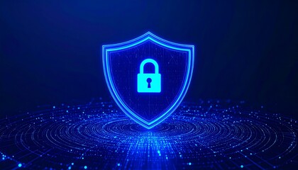 Glowing blue shield with padlock, digital background