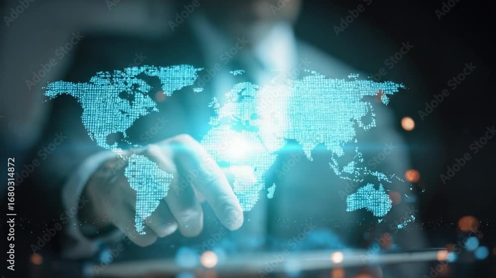 Poster global connectivity: a close-up shot showcases a hand interacting with a holographic projection of t