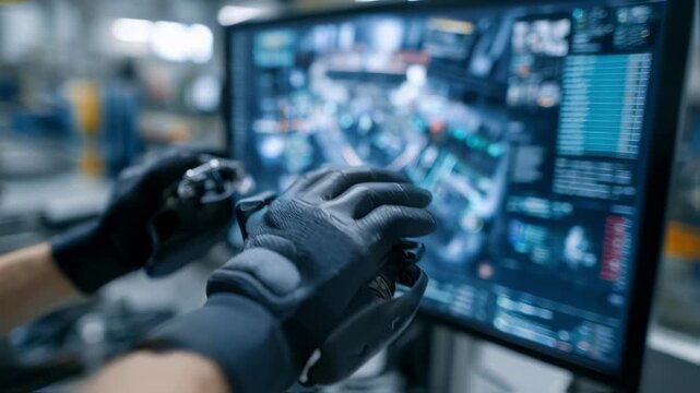 Close medium shot of a technicians hands manipulating virtual edrive line parts using VR gloves with surrounding training environment softly blurred to highlight precise skills.