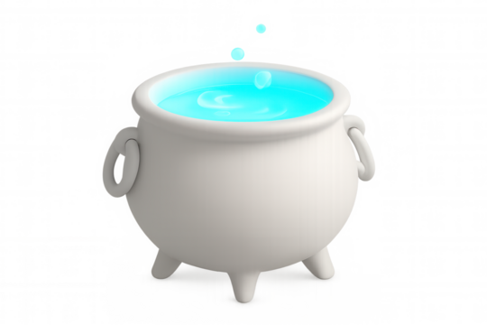 3d rendering of a white cauldron with turquoise potion brewing inside, featuring drops splashing and a transparent background - Powered by Adobe