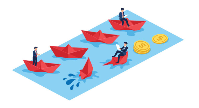 Businessmen navigate paper boats across water with coins symbolizing financial journey and growth