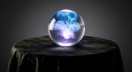 Glass orb with swirling blue and purple smoke effect on a dark velvet table