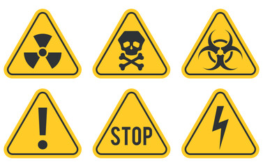 Set of yellow warning signs. Triangle hazard symbols with skull, radiation, biohazard, electricity, exclamation mark and stop text. Safety caution, medical and biological hazard warning signs