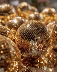 Premium golden disco balls cluster with reflective mirrored surfaces for modern party sparkle vibe, authentic festive lifestyle content marketing and social media