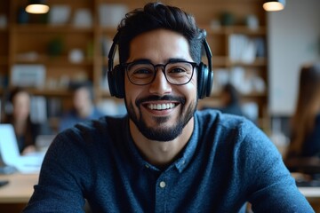 Webcam view of a video call during an online meeting. Businessman smiling and talking friendly with colleagues or clients, successful Hispanic worker looking at the camera while, Generative AI