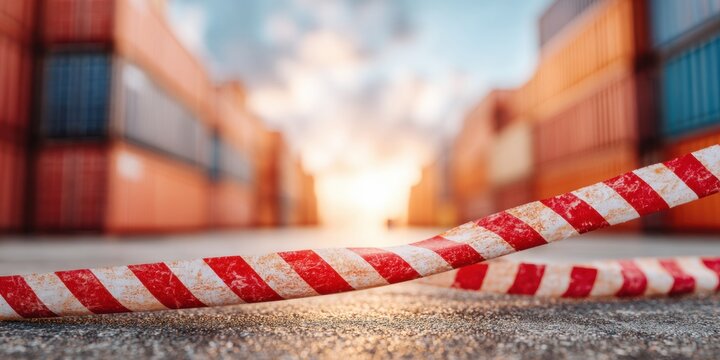 Professional Modern Import Tariffs Warning Tape at Shipping Terminal High-Quality Trade Barrier Concept for Business Marketing and Logistics Campaigns