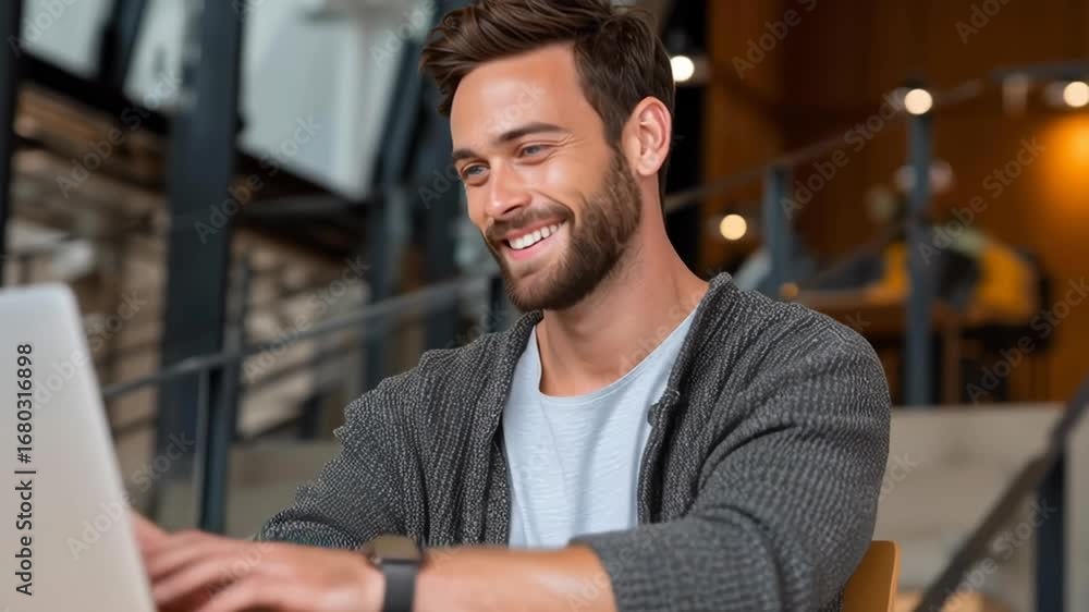Poster a man with a beard is smiling and sitting in front of a laptop. he is wearing a gray sweater and a w