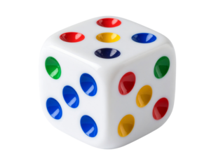 Single Ludo Dice Front View with Bold Colored Dots, on White Background