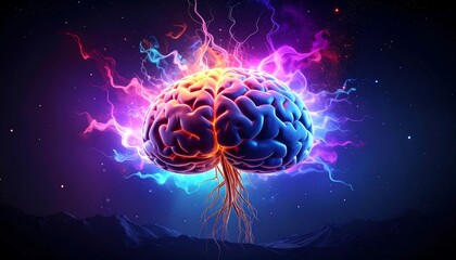 Fototapeta premium Glowing brain with energy streams, rooted to landscape
