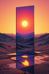 Large mirror is Reflecting Sunset in Desert Landscape