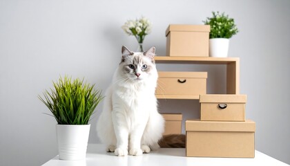 Ragdoll cat on white table with boxes