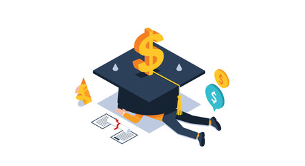 Student overwhelmed by debt, graduation cap crushes dreams with money symbols and bills