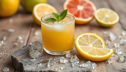 Refreshing citrus juice drink garnished with mint, surrounded by fresh citrus fruits on a wooden surface.