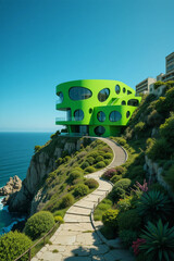Surreal Multi-Level Terraces Overlooking Ocean with Futuristic Architecture