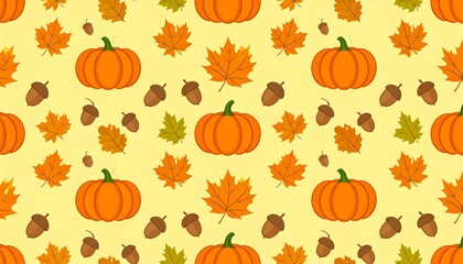 Autumnal pattern with pumpkins, leaves, and acorns