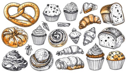 Hand-drawn illustration of various baked goods.  Different types of bread, pastries, and muffins