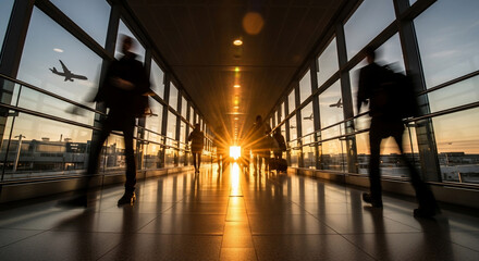 Travelers walking airport terminal at sunset with airplane