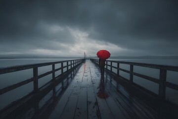 A person with a red umbrella walks on a wet pier under a cloudy sky.
