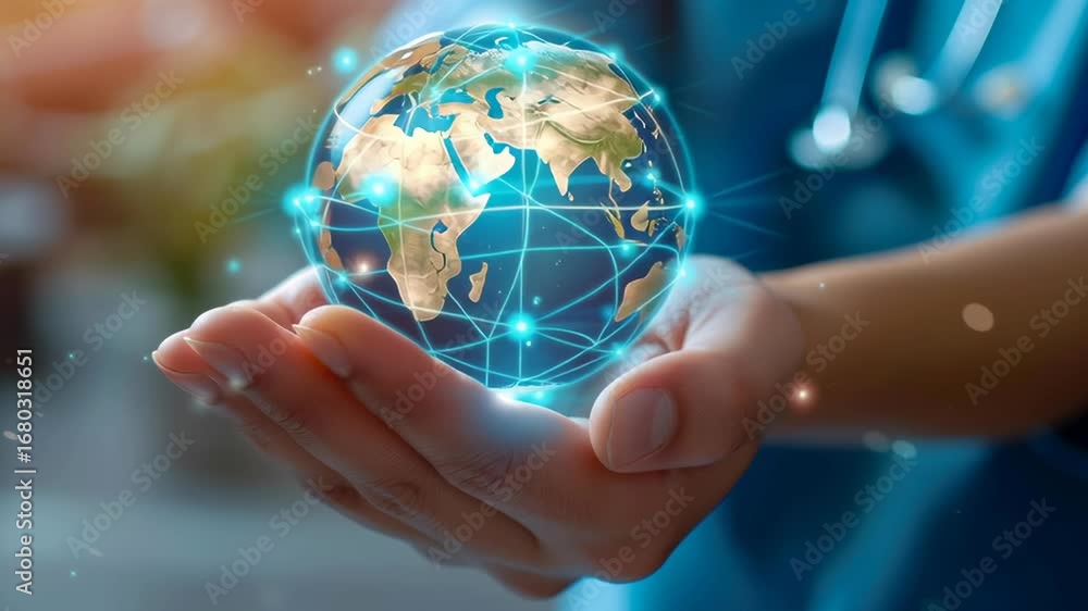 Aufkleber a person is holding a globe in their hand. the globe is surrounded by a network of lines, which repr