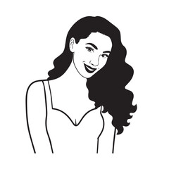 Beautiful Woman Black and White Vector Image Illustration Fashion Girl Portrait Line Art Drawing