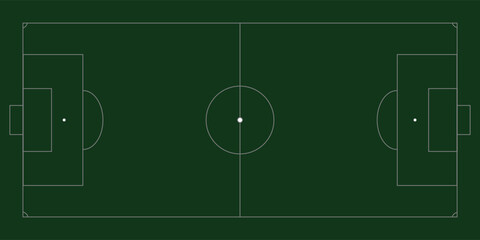 Soccer field vector illustration. Green grass pitch with white lines, goals, and corner markings for football games and competitions.