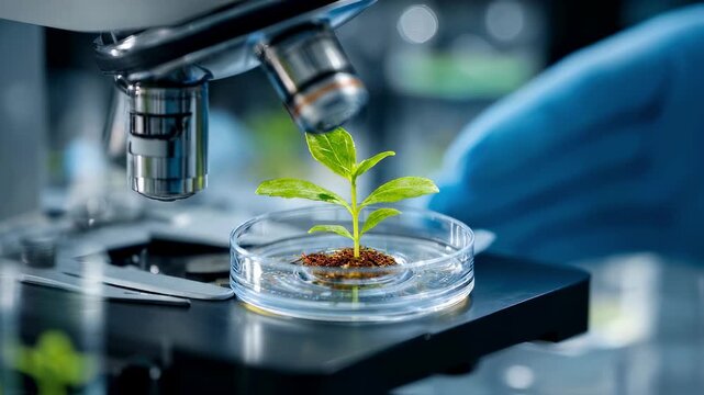 Focus on scientists gloved hand holding edited plant seedling in petri dish biolab machinery slightly blurred showcasing advances in plant biotechnology.
