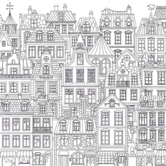 Fototapeta premium Intricate Black and White Cityscape Buildings with Diverse Architecture and Rooftops