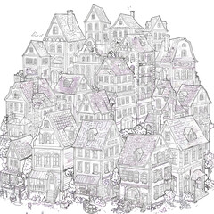 Obraz premium Intricate Line Art Illustration of a Dense European Village Architecture