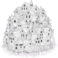 Obraz premium Enchanting Cityscape Illustration Capturing Timeless European Architecture in a Whimsical Arrangement