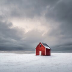 Isolated red barn surrounded by untouched snow and cloudy horizon
