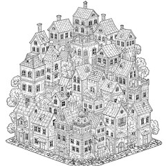 Fototapeta premium An Intricate Illustration of a Cramped Dense European Village Showing Many Houses Stacked Together