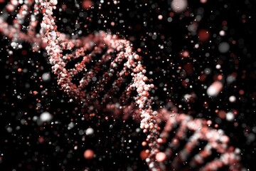 Red and white spheres form a DNA double helix against a black background with bokeh