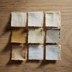 Fototapeta premium Light-stained stitched cotton swatches arranged on pale wooden surface