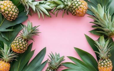 Fototapeta premium Pineapples & leaves frame a soft pink background with a tropical vibe