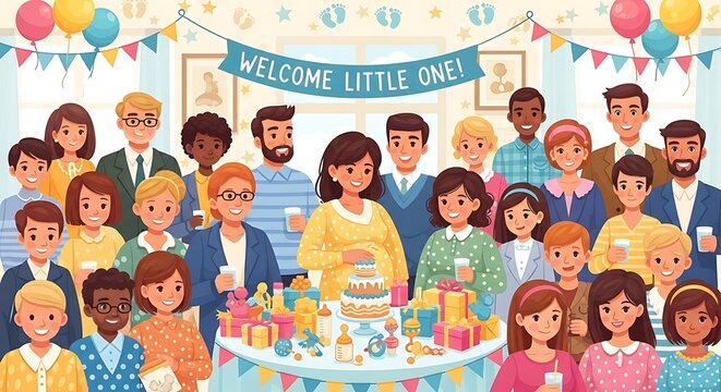 Baby Shower Celebration with Diverse Group. - Powered by Adobe