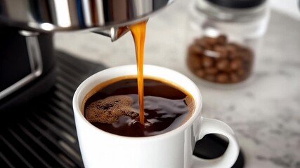Pouring fresh brewed coffee into a white mug on a kitchen counter cozy morning vibes